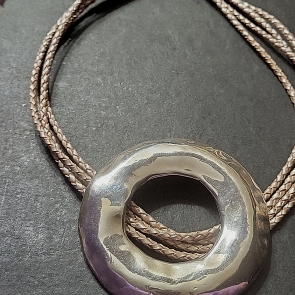 E & L 925 Vtg Israel Tan Strand Necklace W Large Disk